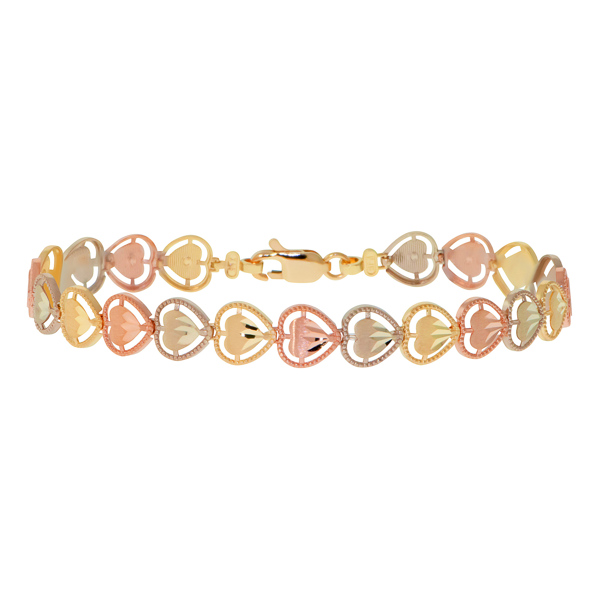14k Gold Tri-color 8mm Diamond Cut Heart Bracelet 7" I